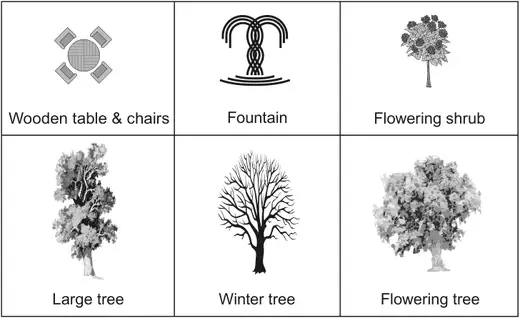Table of pictures: Wooden table & chairs, Fountain, Flowering shrub, Large tree, Winter tree, Flowering tree