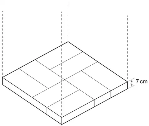 One layer of bricks drawn in 3D: a square slab made of 8 rectangular bricks in a pinwheel pattern, thickness 7 cm