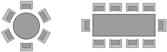 A circular table with 6 chairs around it and a rectangular table with 10 chairs (4 on each long side and 1 at each end)