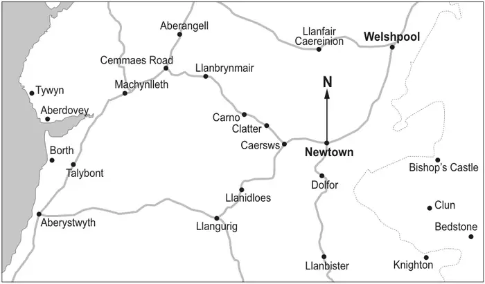 Map of part of mid Wales with roads and the coast on the left; places marked include Welshpool, Llanfair Caereinion, Aberangell, Cemmaes Road, Llanbrynmair, Machynlleth, Tywyn, Aberdovey, Borth, Talybont, Aberystwyth, Carno, Clatter, Caersws, Llanidloes, Llangurig, Dolfor, Llanbister, Bishop’s Castle, Clun, Bedstone, Knighton; a North arrow is drawn at Newtown