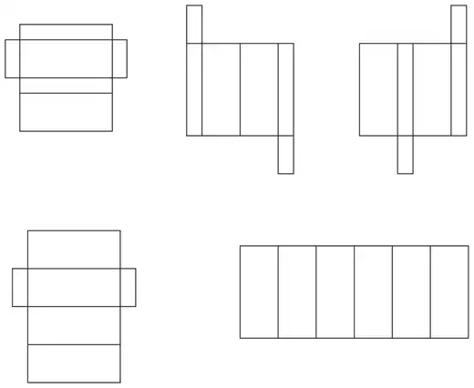 Five nets made of rectangles: top row three nets, bottom row two nets (the last is a row of six equal rectangles)
