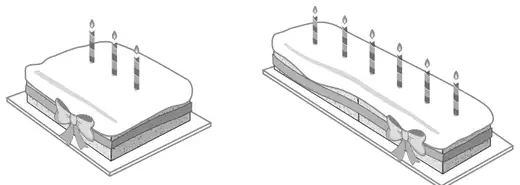 Pictures of a square cake and a rectangular cake, each with ribbon around the edge tied in a bow