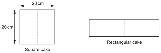 Square cake 20 cm by 20 cm with a dashed line down the middle; rectangular cake made from the two halves joined end to end, with a dashed line at the join