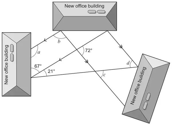 Three new office buildings joined by paths, two pairs of paths marked parallel with arrows; angles 67°, 21° and 72° are marked, with unknown angles a, b, c and d