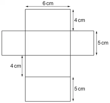 Net of a cuboid: a column of four rectangles 6 cm wide, with heights 4 cm, 5 cm, 4 cm and 5 cm from the top; a rectangle on each side of the second (5 cm) rectangle