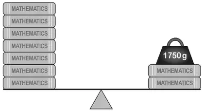 Balanced scales: 7 books on the left; 2 books and a 1750 g weight on the right