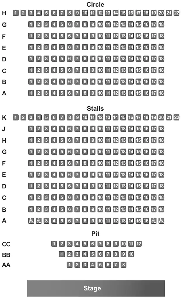 Seating plan of the theatre: Circle rows H (seats 1 to 22) and G to A (seats 1 to 18); Stalls rows K (seats 1 to 22) and J to A (seats 1 to 18, row A seats 1, 2, 17 and 18 are wheelchair spaces); Pit rows CC (1 to 12), BB (1 to 10) and AA (1 to 8); Stage at the bottom