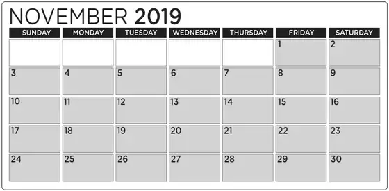 Calendar for November 2019, weeks starting on Sunday: 1 November is a Friday; 24 November is a Sunday