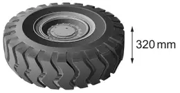 A tractor tyre lying flat, with its width (thickness) marked 320 mm