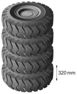 Four tractor tyres stacked one on top of each other, the bottom tyre marked 320 mm high