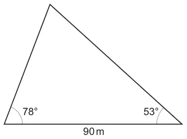 Sketch of a triangle with base 90 m; the base angles are 78° on the left and 53° on the right