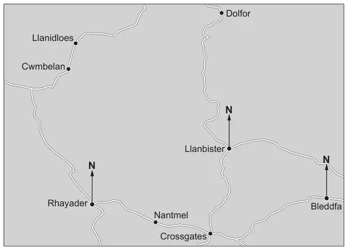 Map section showing roads and the places Dolfor, Llanidloes, Cwmbelan, Llanbister, Rhayader, Nantmel, Crossgates and Bleddfa, with North arrows drawn at Rhayader, Llanbister and Bleddfa