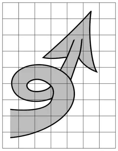 A grid of squares 7 wide and 9 high with the shaded shape of a dragon’s tail drawn on it: a curl at the bottom left and an arrow-head tip at the top right
