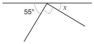 A horizontal bar with two pieces meeting it at the same point below. The angle between the bar and the left piece is 55°, the two pieces meet at a right angle, and the angle between the right piece and the bar is x