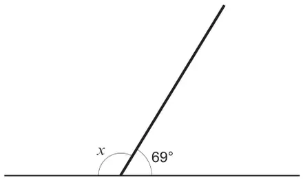 A post leaning to the right meets a horizontal line. The angle between the post and the ground on the right is 69°; the angle on the left is x