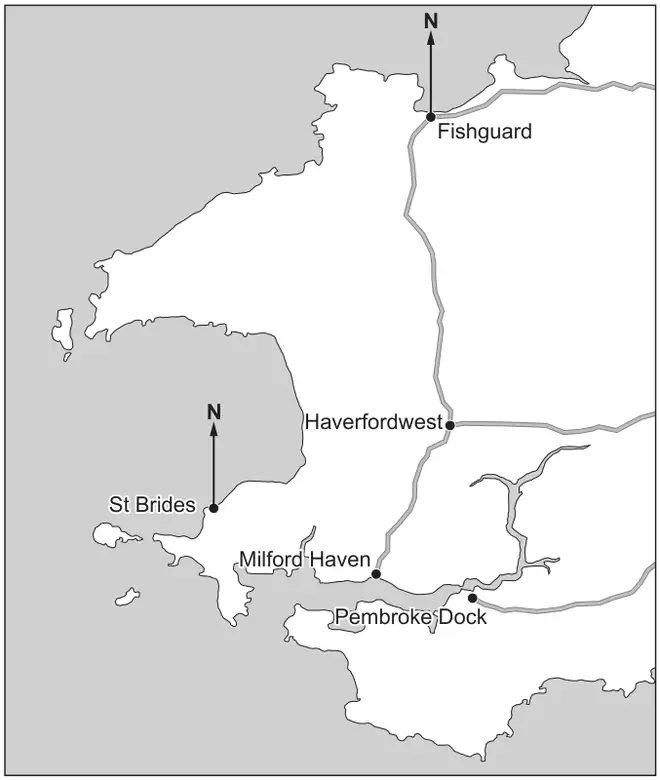 Map of part of South West Wales showing Fishguard on the north coast, Haverfordwest, St Brides on the west coast, Milford Haven and Pembroke Dock. North arrows are drawn at Fishguard and St Brides. A road runs south from Fishguard to Haverfordwest and on to Milford Haven