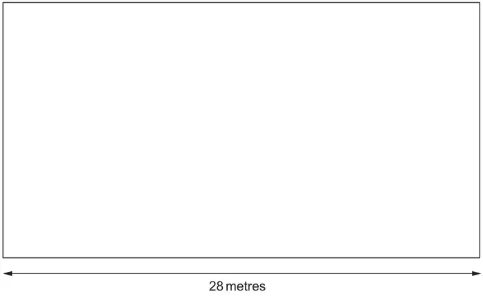 Scale drawing of the rectangular basketball court, with an arrow under the length labelled 28 metres