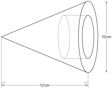 Cone lying on its side, base diameter 10 cm, perpendicular height 12 cm, with a cylindrical hole drilled into the centre of the base shown dashed