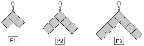 Three V-shaped decorations made of small squares: P1 has 3 squares, P2 has 5 squares, P3 has 7 squares (one top square with equal arms either side)