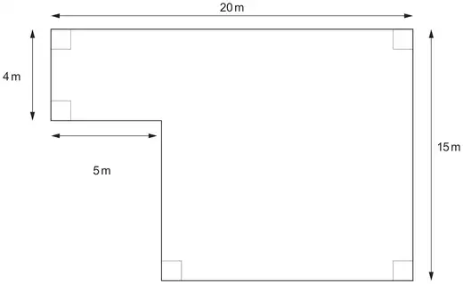 L-shaped plan of the base: top 20 m, right side 15 m, left side 4 m, step 5 m, all corners right angles