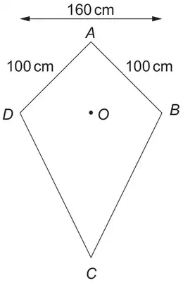 Kite ABCD with AB = AD = 100 cm, width DB = 160 cm, diagonals meeting at O