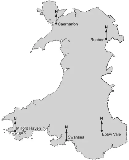 Map of Wales with north arrows at Caernarfon, Ruabon, Milford Haven, Swansea and Ebbw Vale