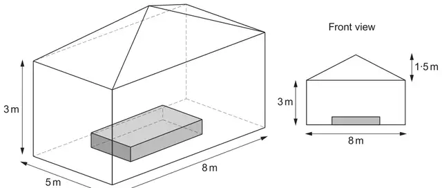Enclosure with a wooden cuboid on its base; the cuboid part is 5 m by 8 m by 3 m high. Front view shows the 8 m wide, 3 m high cuboid with the pyramid of height 1.5 m on top and the wooden cuboid on the floor