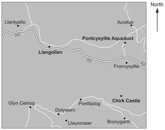 Map with North arrow showing Llangollen, Pontcysyllte Aqueduct, Llantysilio, Acrefair, Froncysyllte, Chirk Castle, Glyn Ceiriog, Dolywern, Pontfadog, Llwynmawr and Bronygarth, with the A5 road