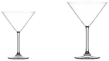 Two similar cocktail glasses with cone-shaped bowls, one smaller than the other