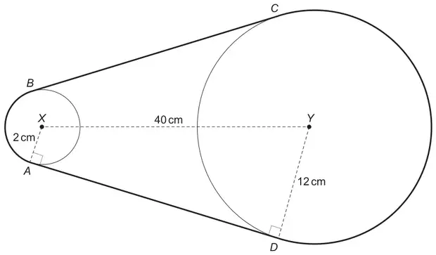 Two circles joined by a chain: smaller circle centre X radius 2 cm, larger circle centre Y radius 12 cm, XY = 40 cm; straight chain sections BC (top) and AD (bottom) touch the circles at right angles to the radii XA and YD
