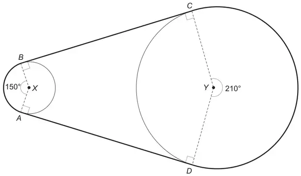 The same chain diagram with radii XA, XB, YC and YD drawn; angle AXB on the outside of the small cog is 150° and reflex angle CYD on the outside of the large cog is 210°