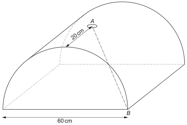 Half-cylinder oven with front diameter 60 cm; hole A on the top, 20 cm back from the top of the front semicircle; B is a front bottom corner; dotted line AB