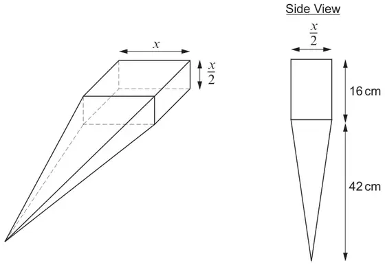 Spiked leg: cuboid with top x by x/2 and height 16 cm on top of a pyramid of perpendicular height 42 cm; side view shows width x/2, 16 cm and 42 cm