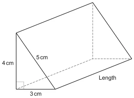 Triangular prism: right-angled triangular cross-section with sides 4 cm (vertical), 3 cm (base) and 5 cm (sloping), and an edge labelled Length