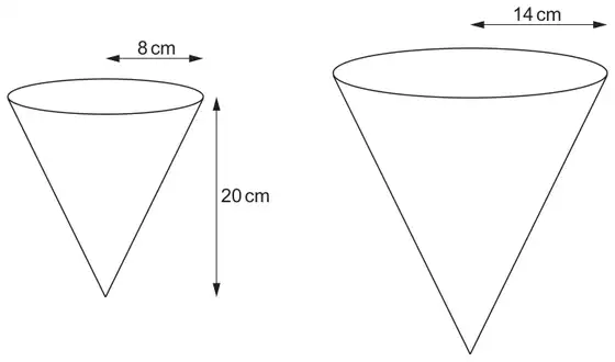 Two inverted cones: the smaller has radius 8 cm and vertical height 20 cm; the larger has radius 14 cm