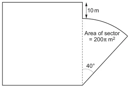 A square with a sector of angle 40° attached to its right side; the sector radius runs up the right side from the bottom corner and stops 10 m below the top corner; area of sector = 200π m²