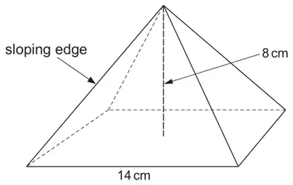 Square-based pyramid with base side 14 cm, dashed vertical height 8 cm from the vertex to the centre of the base, and one sloping edge labelled