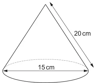 Cone with slant height 20 cm and base diameter 15 cm