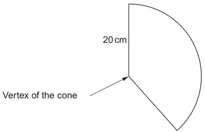 Sector of a circle with radius 20 cm; the centre of the sector is labelled Vertex of the cone