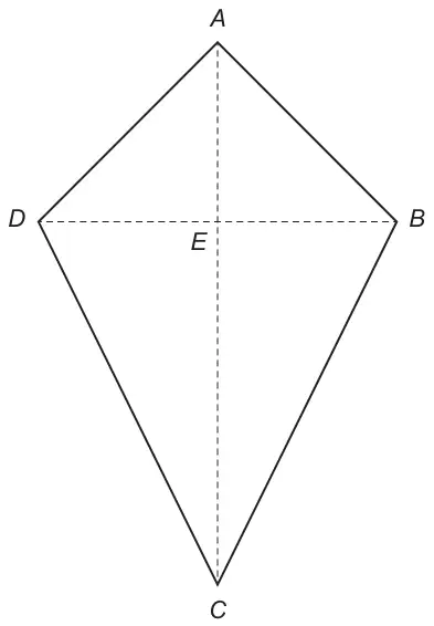 Kite ABCD with A at the top and C at the bottom; dashed diagonals AC and DB cross at E