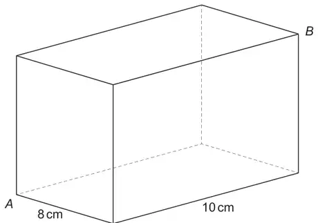 Cuboid with edges 8 cm and 10 cm on the base; A is a bottom corner at the front left and B is the opposite top corner at the back right