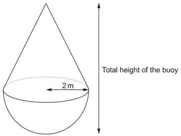 Buoy: a cone on top of a hemisphere, radius 2 m, with the total height of the buoy marked
