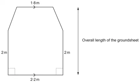 Groundsheet: a rectangle 2.2 m wide with sides 2 m, topped by a trapezium with parallel top side 1.8 m; overall length marked with an arrow