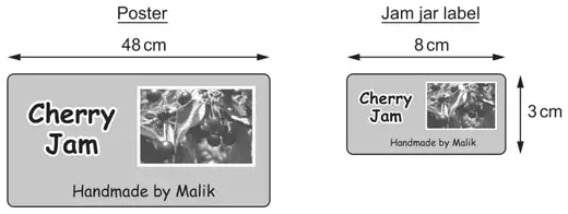 Poster 48 cm wide, height not given; mathematically similar jam jar label 8 cm wide and 3 cm high