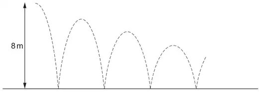 Dashed path of a ball dropped from 8 m above the ground, bouncing with each maximum height lower than the one before