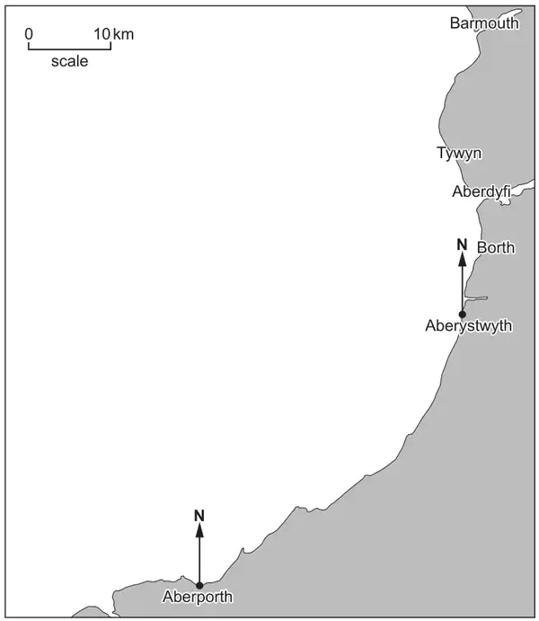 Map of the west coast of Wales with a scale bar 0 to 10 km; Barmouth, Tywyn, Aberdyfi, Borth, Aberystwyth and Aberporth on the coast, with north lines drawn at Aberystwyth and Aberporth