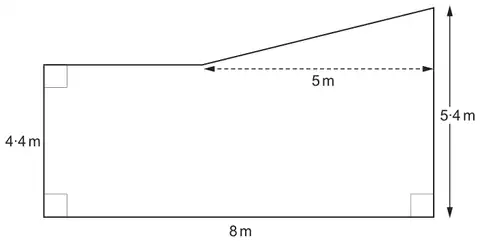 Plan of the floor: a rectangle 8 m long and 4.4 m wide with a right-angled triangle on top along the right-hand 5 m of the top edge; the right-hand side is 5.4 m tall
