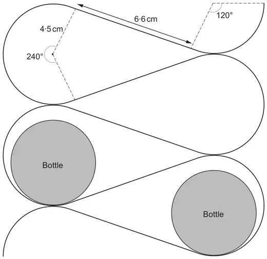 Front view of the bottle rack: one bent strip made of straight sections of length 6.6 cm joined by circular arcs of radius 4.5 cm with sector angles 240° and 120°; two bottles shown resting in the loops