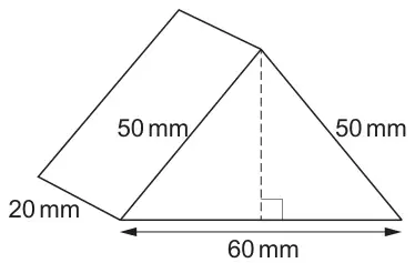 Triangular prism: isosceles cross-section with sloping sides 50 mm and 50 mm, base 60 mm, dashed perpendicular height, length 20 mm