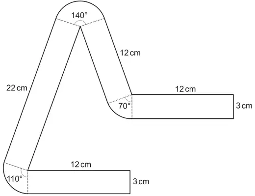 Logo shaped like the letter A: strips 3 cm wide of lengths 22 cm, 12 cm, 12 cm and 12 cm, joined by sectors with angles 140°, 70° and 110°